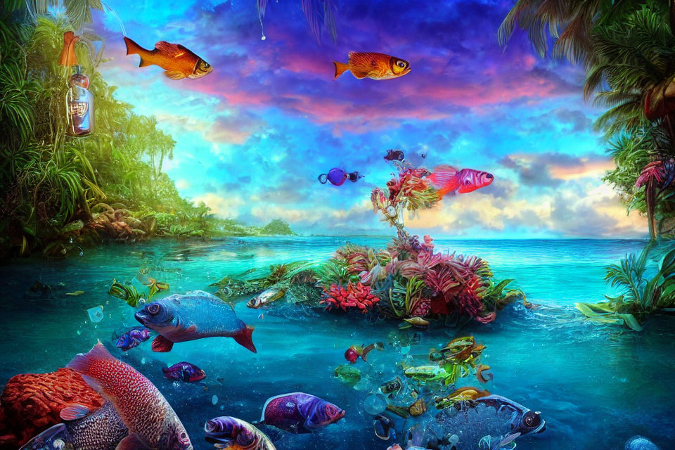 Colorful Fish and Coral Reefs in Tropical Island Sunset Scene