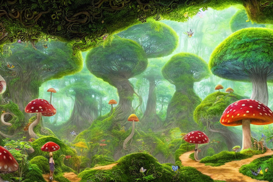 Fantasy forest with oversized red-capped mushrooms and twisting moss-covered trees
