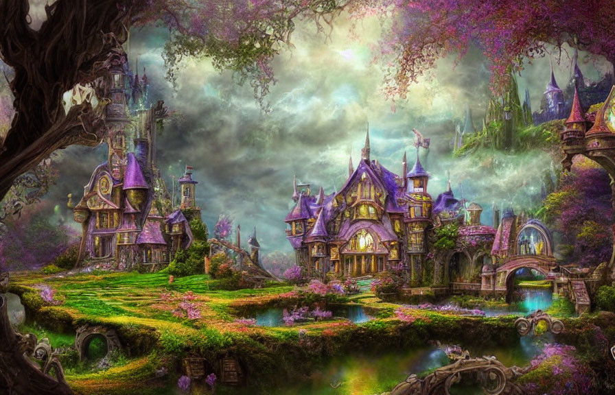 Fantasy landscape with storybook castles, lush foliage, flowers, river, moody sky