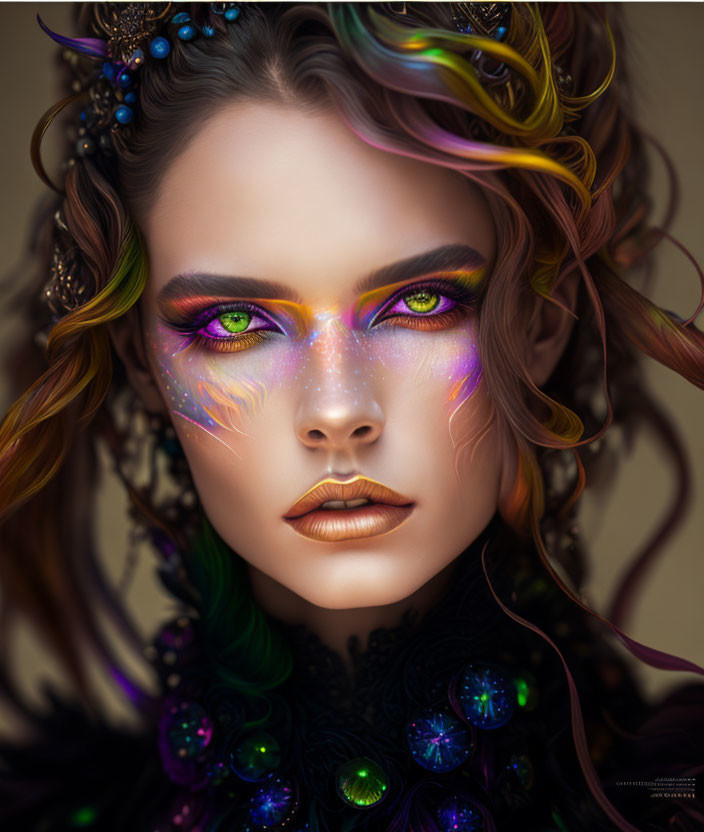Colorful fantasy portrait with vibrant makeup and sparkling adornments