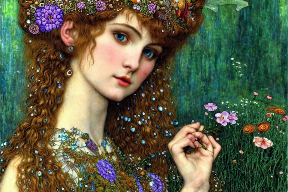 Detailed painting of woman with floral hair adornments and flower, set in verdant background with blossoms