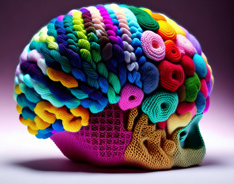 Colorful Yarn Brain Model on Purple Background