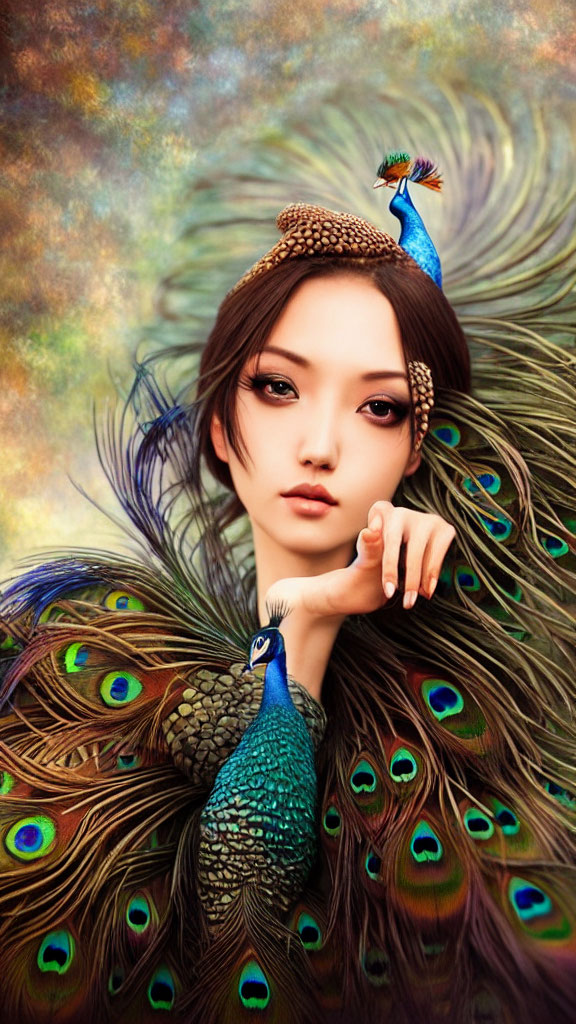 Woman in peacock-themed outfit with real peacock, showcasing vibrant feathers.