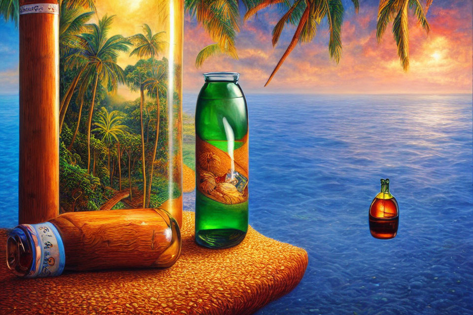 Colorful digital artwork: Three floating bottles with tropical scenes.
