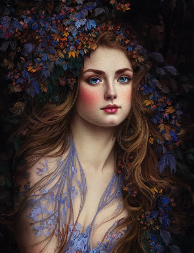 Illustration of woman with long wavy hair, blue eyes, surrounded by colorful leaves and delicate flowers