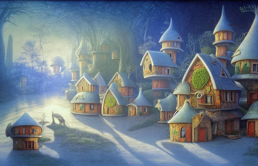 Whimsical village with turrets and fox in mystical forest at twilight