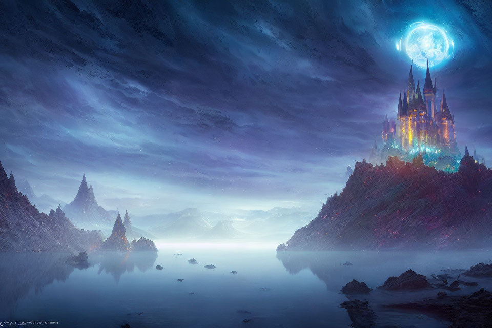 Fantasy landscape with illuminated castle, celestial body, mountains, reflective water, twilight sky