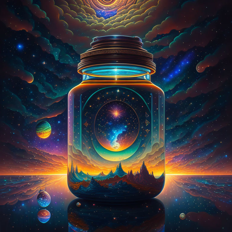 Illustration of glass jar with cosmic scene and vibrant galactic backdrop