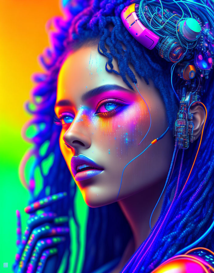 Digital Artwork: Woman with Cybernetic Features and Headphones in Neon Futuristic Design
