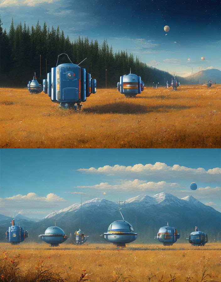 Sci-fi spacecraft in field with forest, mountains, stars, and planets.