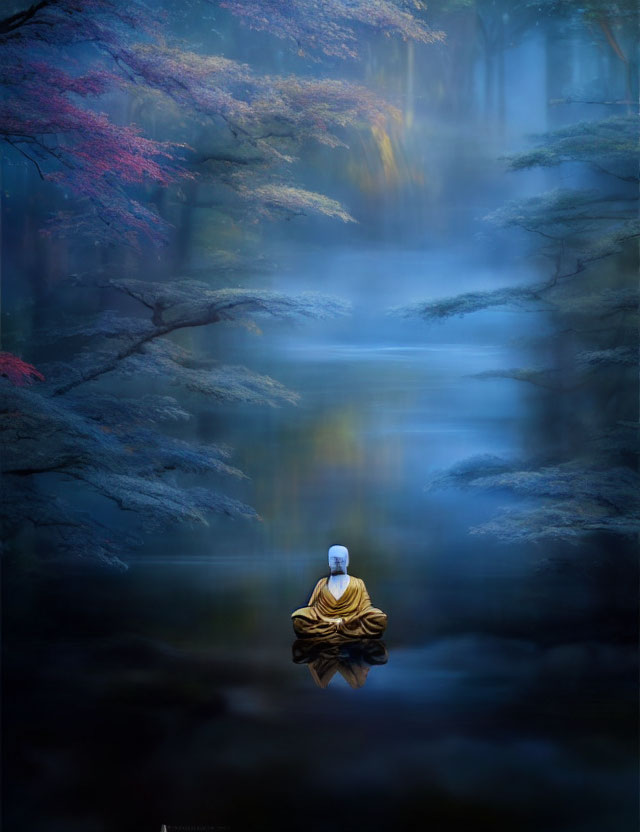 Meditating figure in golden robes above reflective water in misty forest
