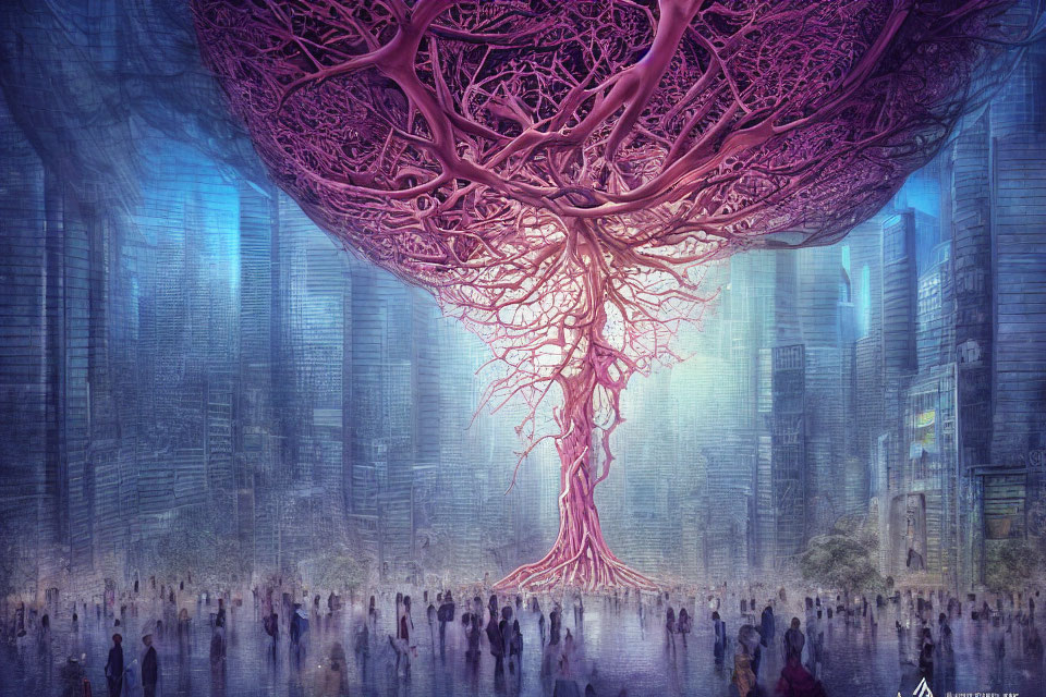 Giant pink tree floats over futuristic cityscape