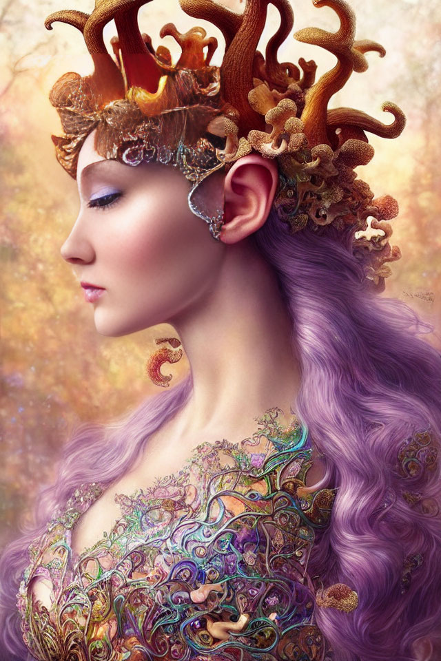 Fantasy portrait of woman with violet hair, ornate antler-like headpiece, and colorful metallic