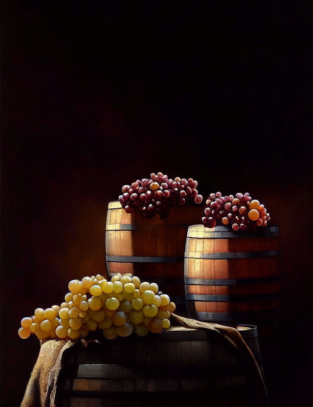 Red and Green Grapes on Wooden Wine Barrels in Dim Lighting