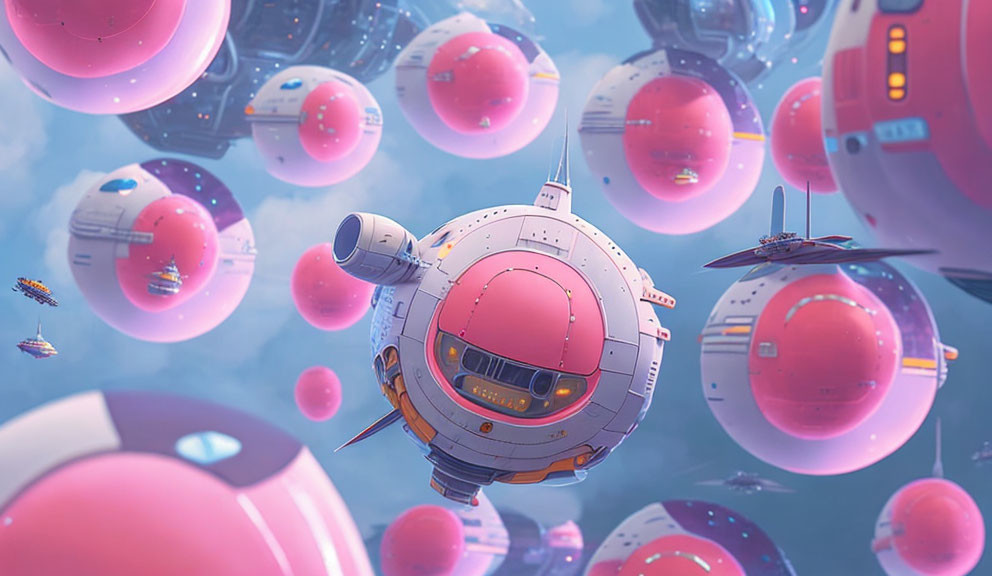Spherical robotic airships in dreamy blue sky