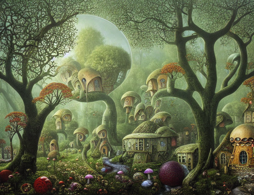 Enchanting forest scene with mushroom houses and vibrant flora