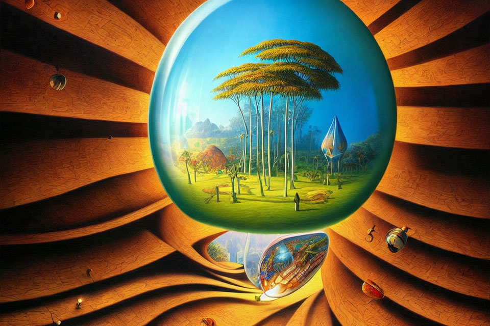 Surrealistic painting of transparent sphere in wooden structure