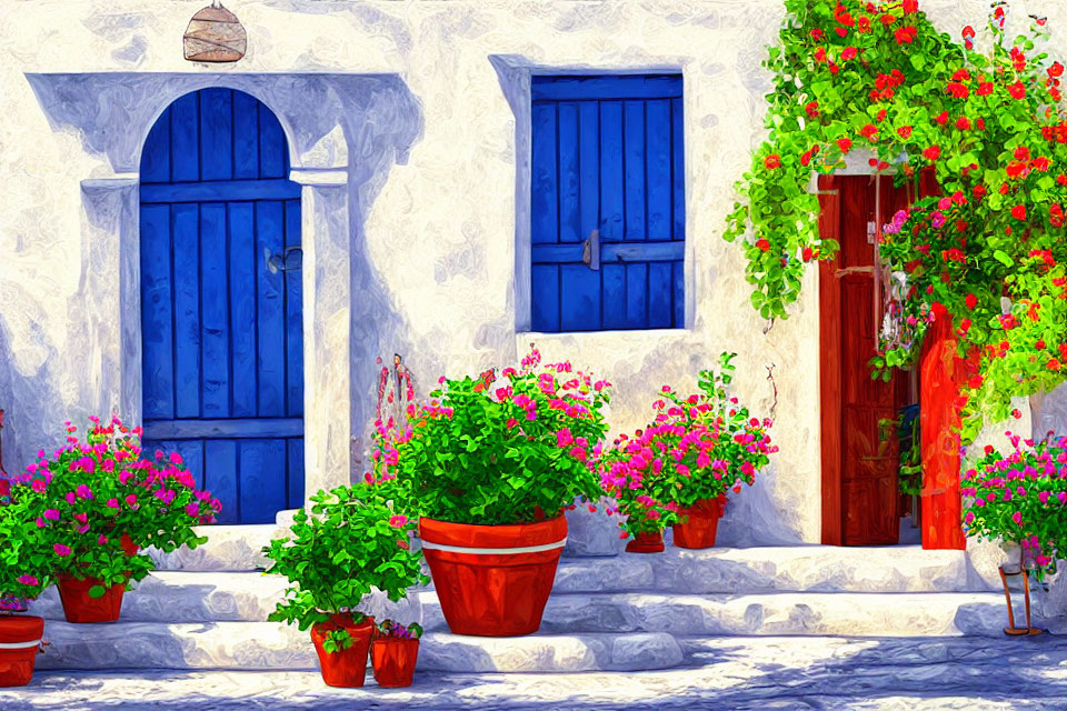 Vibrant Mediterranean Style Building with Blue Doors and Flowers