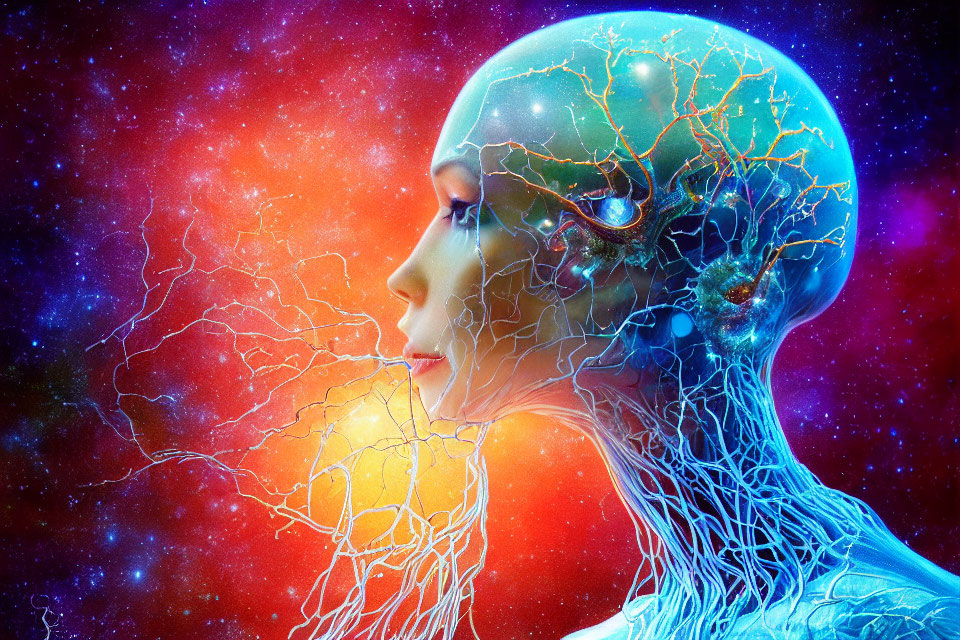 Digital artwork: Human profile with transparent skin showing neurons on cosmic background