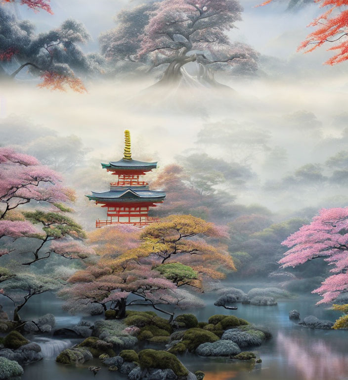 Japanese Pagoda Landscape with Cherry Blossoms and Misty Waters