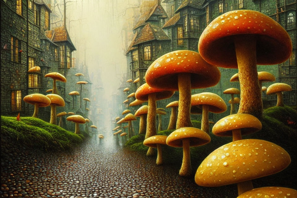 Enchanting cobblestone street with oversized mushrooms and misty aura