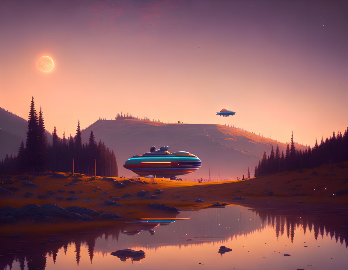 Futuristic flying vehicles over serene lake at dusk