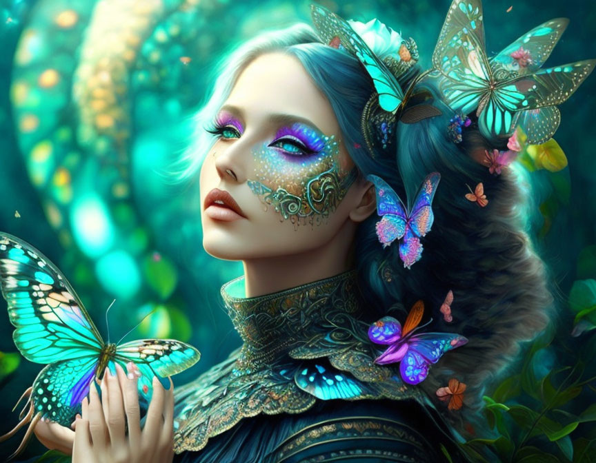 Vibrant digital artwork of woman with blue hair and butterfly-themed makeup surrounded by colorful butterflies in lush