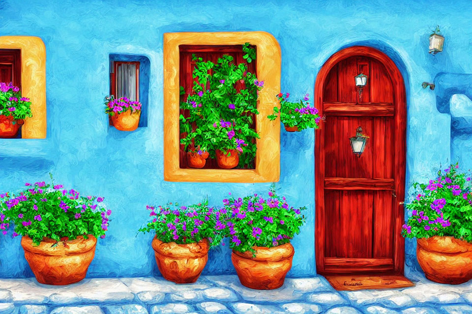 Colorful painting of blue wall, wooden door, windows, and blooming flowers