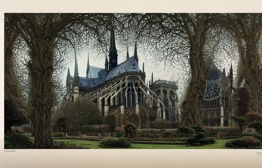 Gothic architecture of Notre-Dame Cathedral with leafless trees and garden