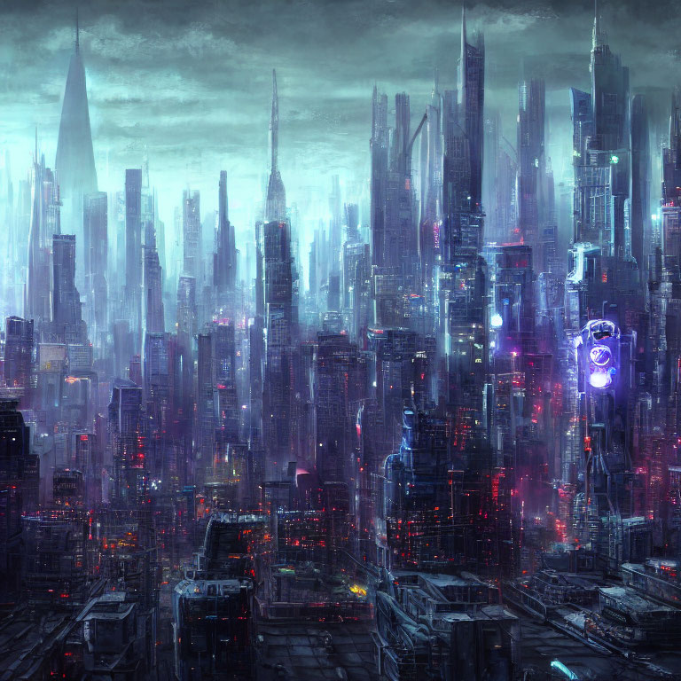 Futuristic nighttime cityscape with skyscrapers and neon lights