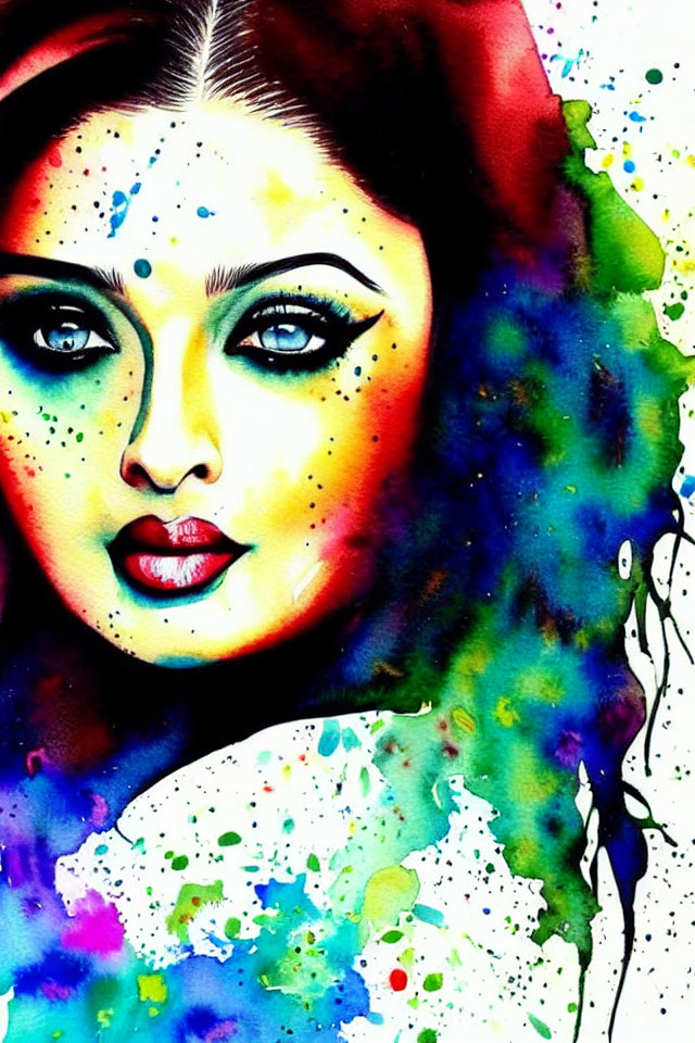 Vibrant watercolor portrait of a woman's face with detailed features