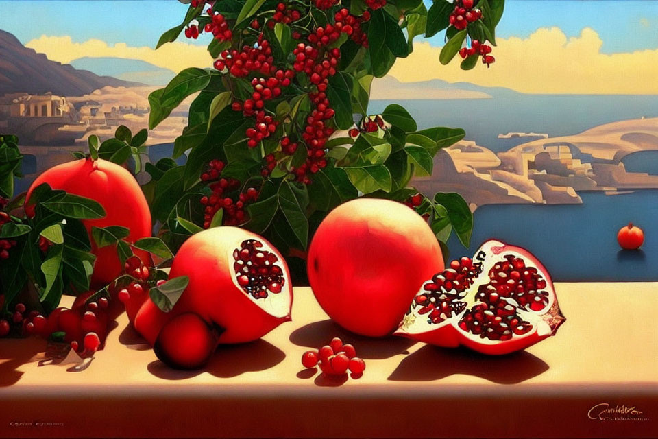 Still Life Painting of Ripe Pomegranates and Berries by Mediterranean Coast