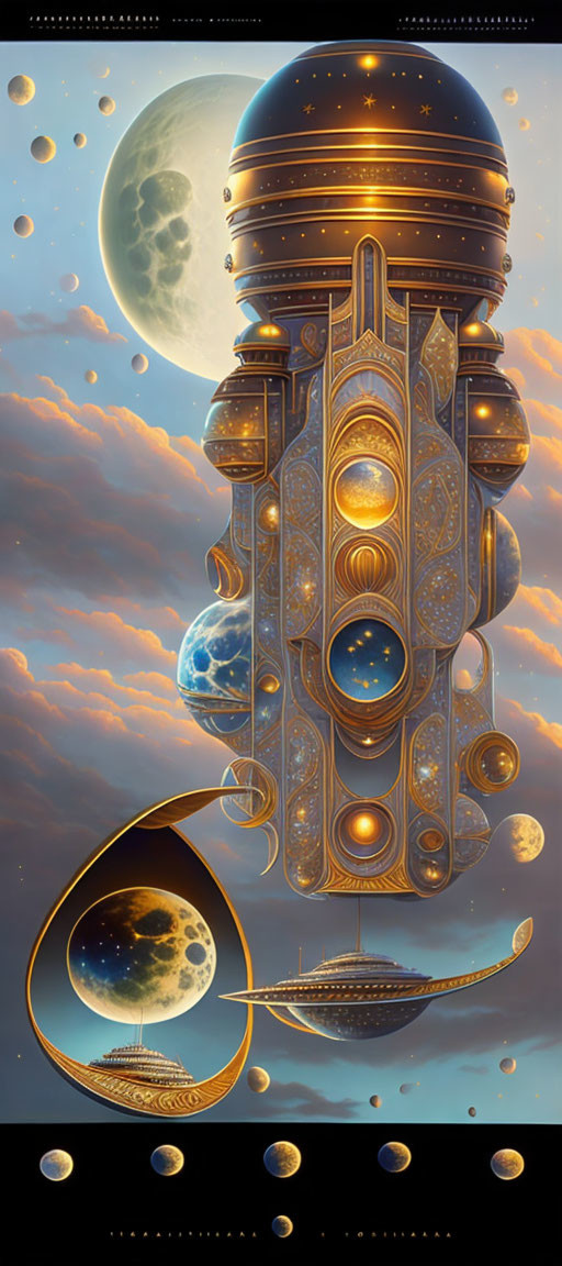 Ornate spaceship among clouds and planets under starry sky