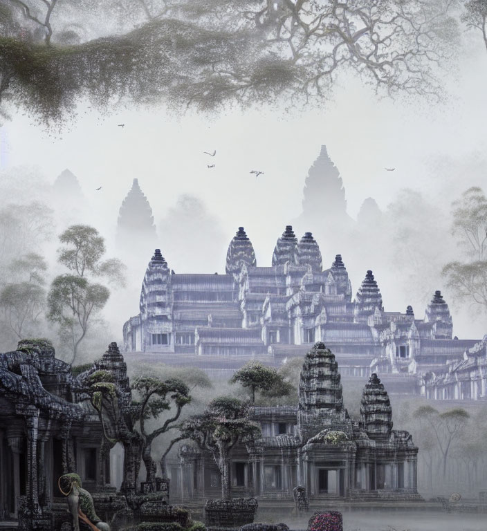 Misty ancient temple ruins with stone carvings and trees in serene setting