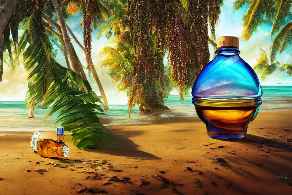 Colorful digital artwork of ornate bottles on tropical beach