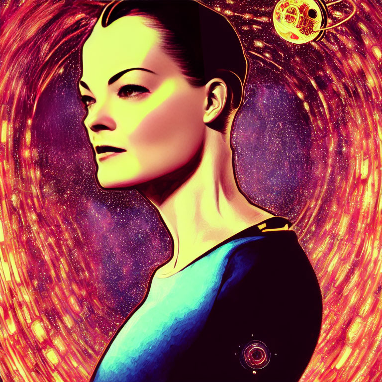 Colorful Stylized Portrait of Woman with Cosmic Background