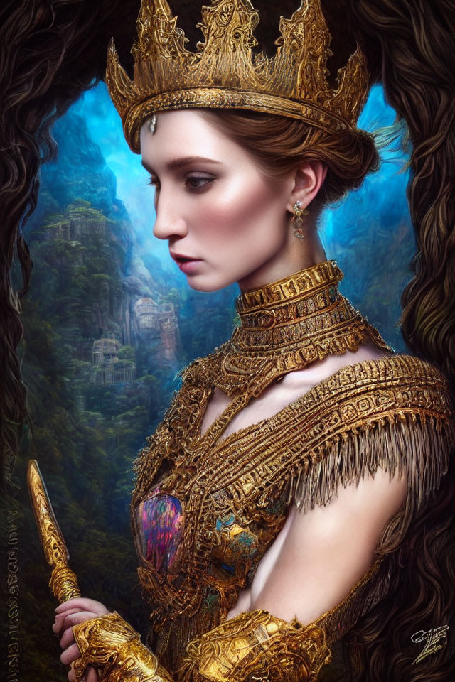 Regal figure in golden crown and armor with scepter in mystical forest