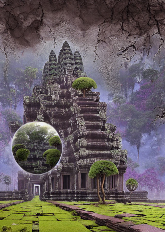 Ancient temple with floating crystal balls in mystical forest