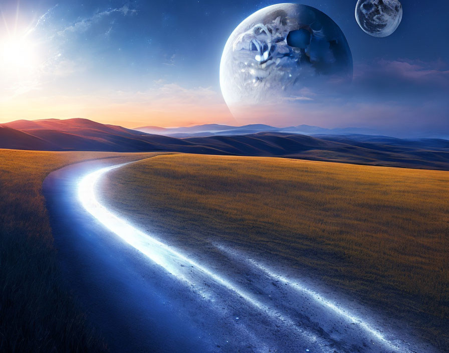 Surreal landscape with glowing path, rolling hills, and oversized moons