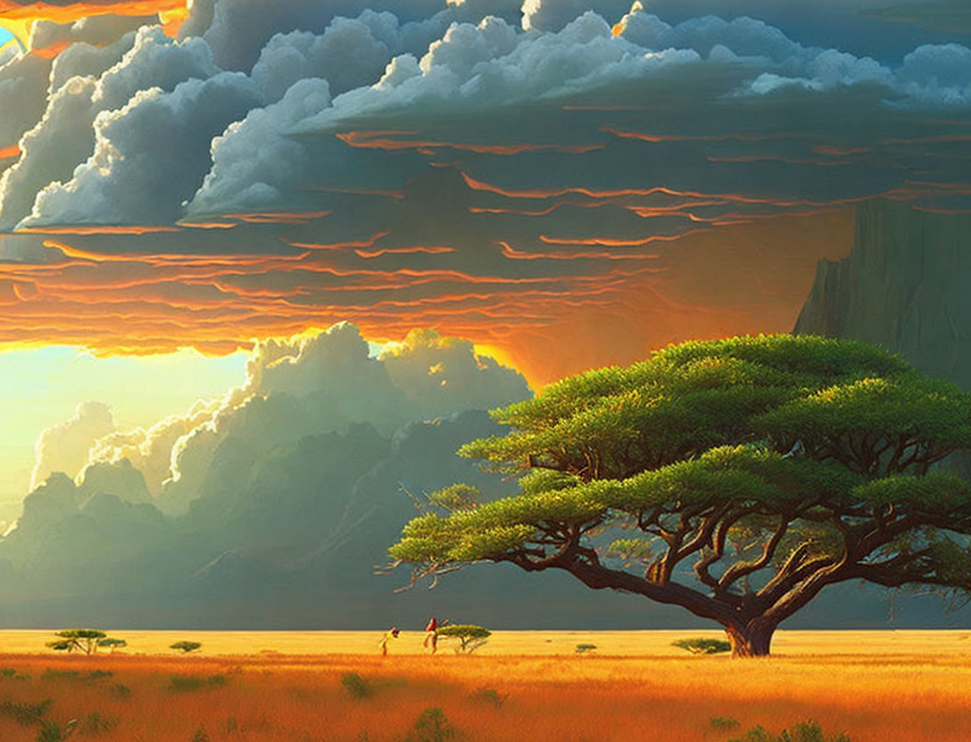 Vivid African savannah sunset with acacia tree and distant cliffs