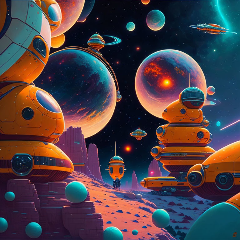Colorful Sci-Fi Landscape with Retro-Futuristic Robots and Spaceships