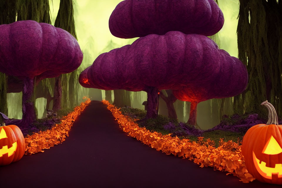 Mystical Halloween forest with dark pathway and jack-o'-lanterns