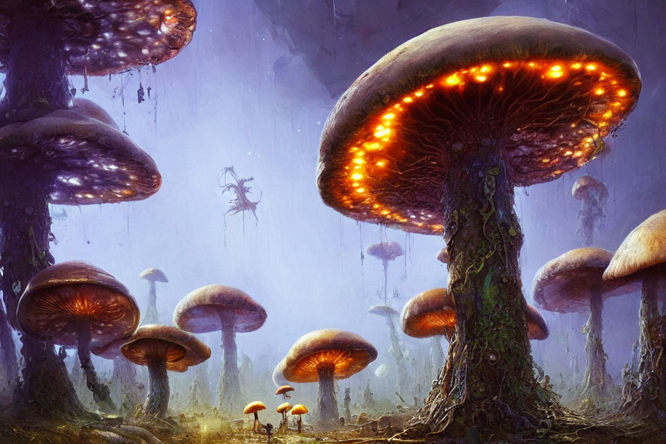 Enchanting twilight forest with glowing mushrooms and drifting mist