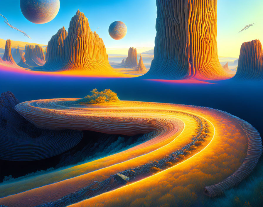 Surreal landscape with ribbon-like rock formations, tree, planets, and flying creatures
