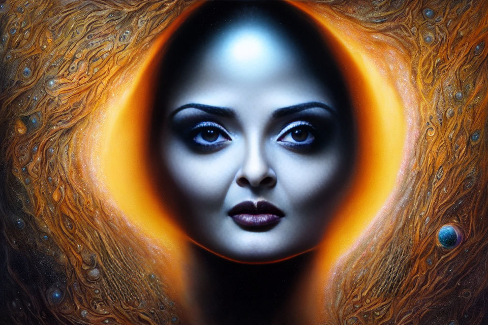 Abstract surreal portrait with circular orange and yellow cosmic elements.