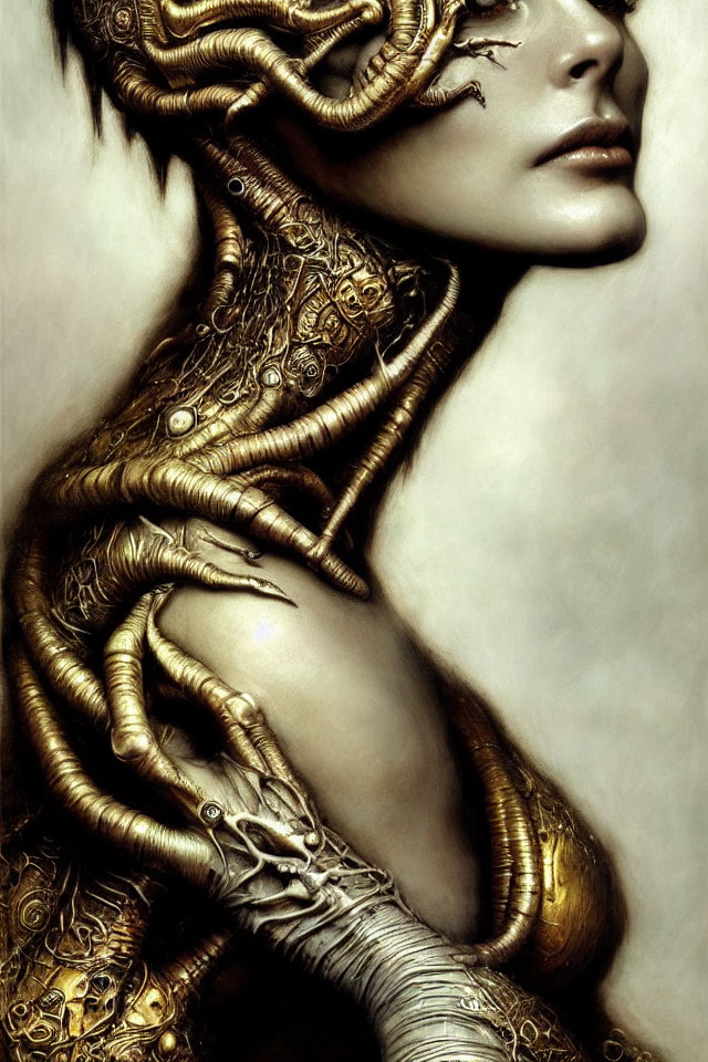 Digital Artwork: Woman's Face Blended with Golden Mechanical Parts