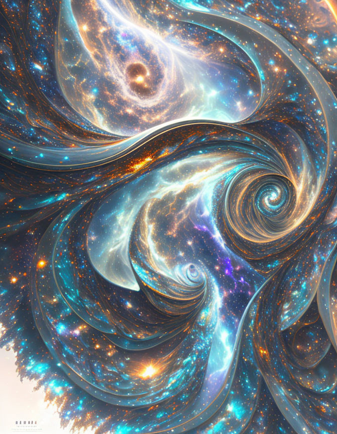 Colorful Digital Artwork of Swirling Cosmic Structures in Blue, Orange, and White