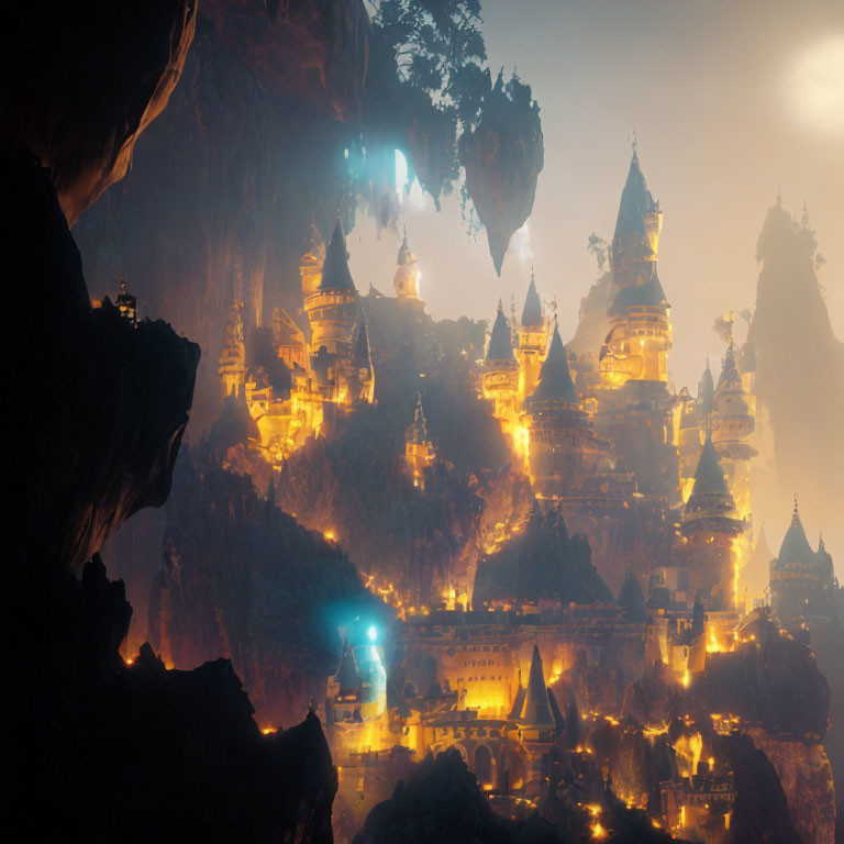 Mystical subterranean city with illuminated spires and structures