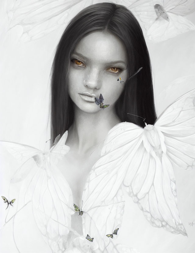 Monochrome artwork featuring woman with dark hair, golden eyes, and butterflies