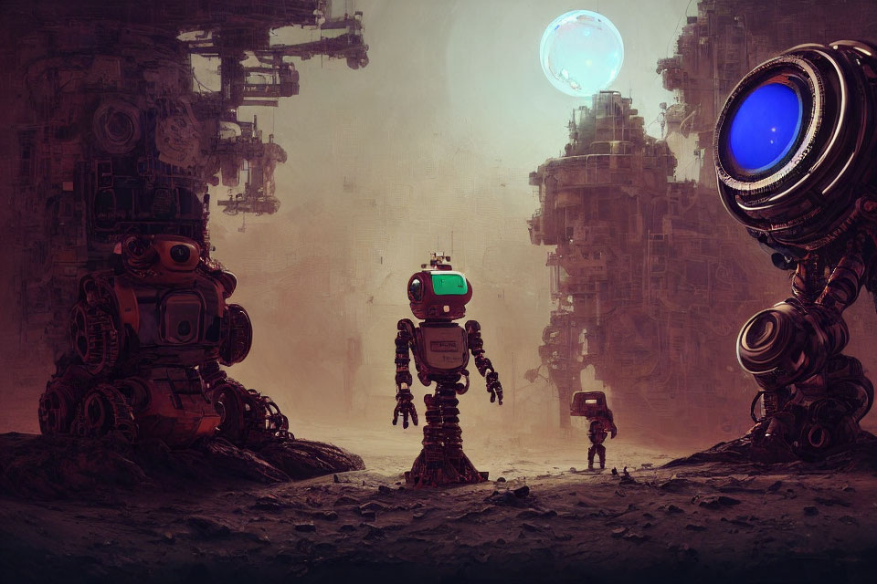 Three unique robots in dystopian landscape with industrial structures and two moons